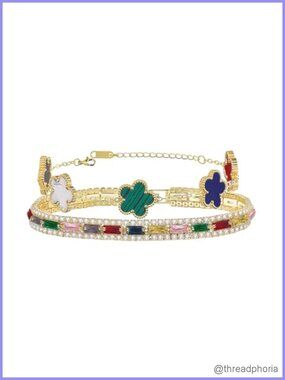 Stacked Tennis Bracelets Set - CZ Flower Bangle, Stainless Steel